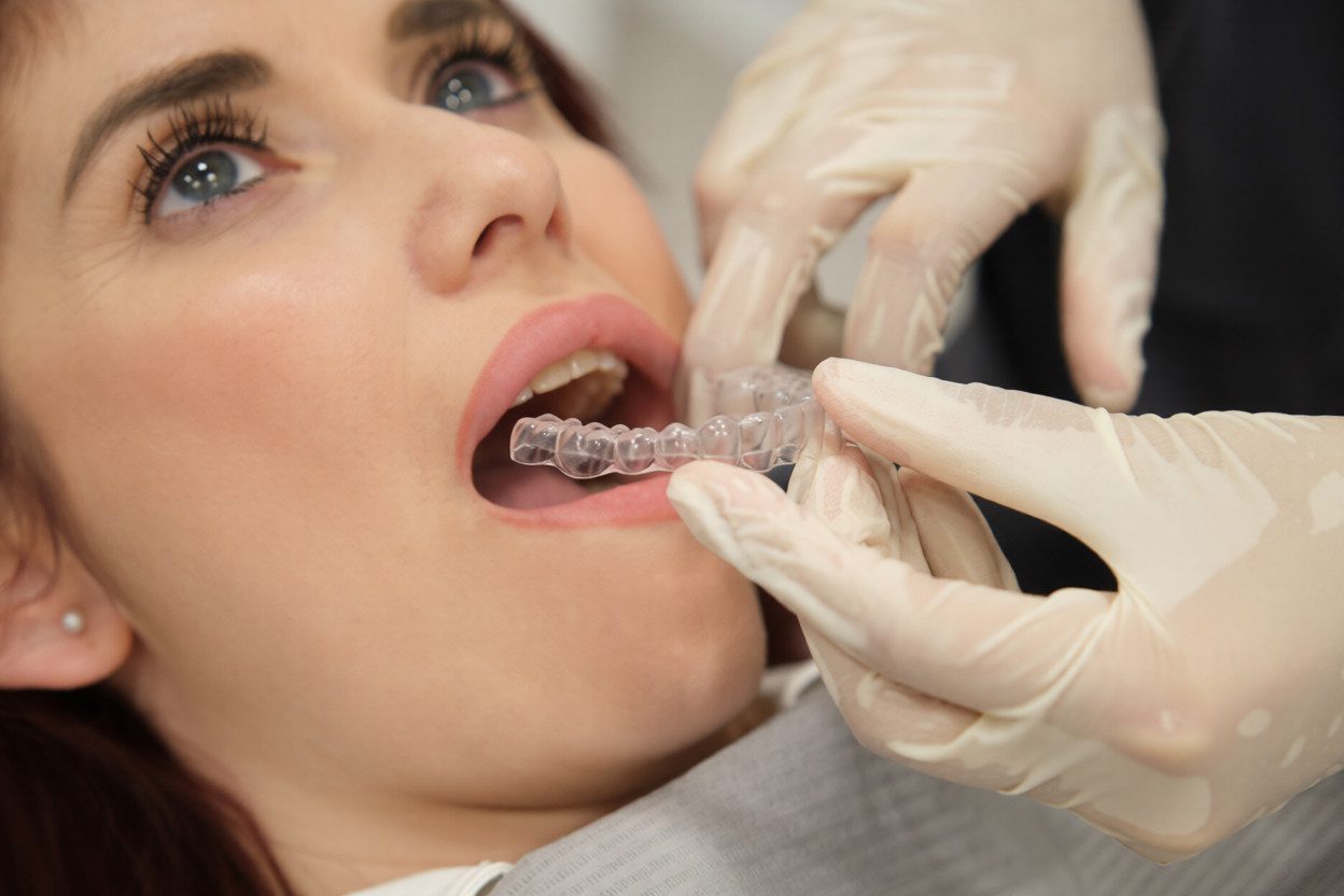 Dentist placing clear aligner during Invisalign treatment