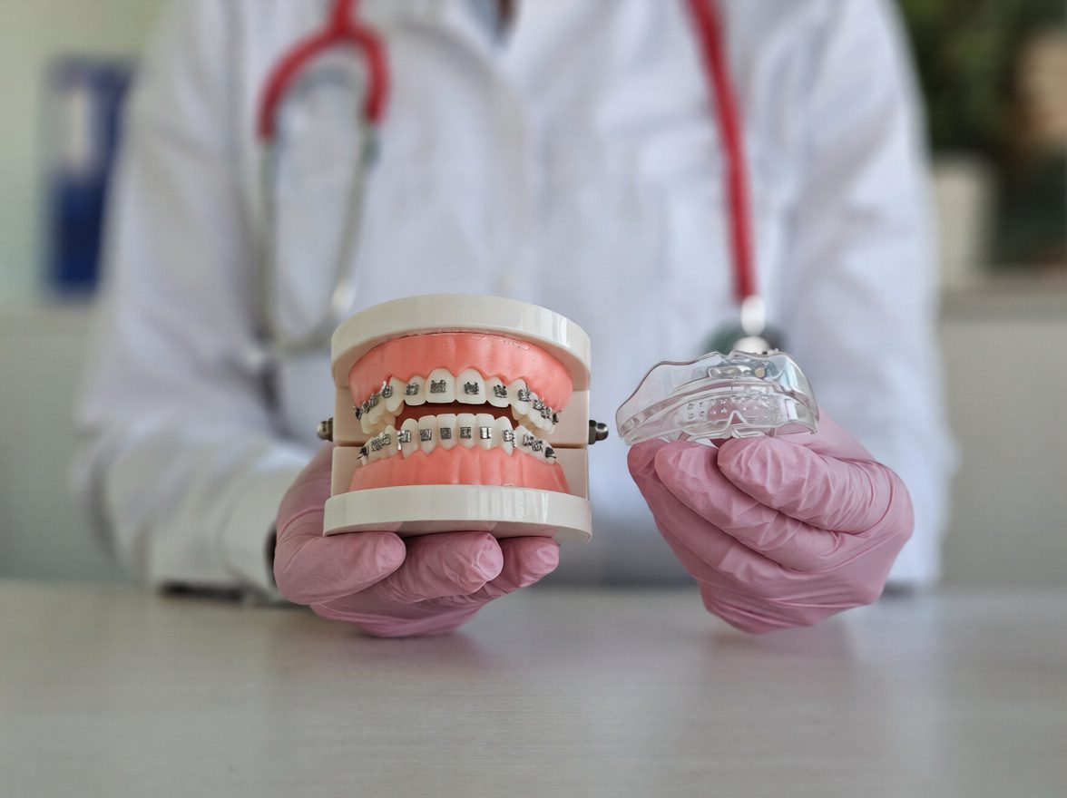 Dental model comparing traditional braces and clear aligners