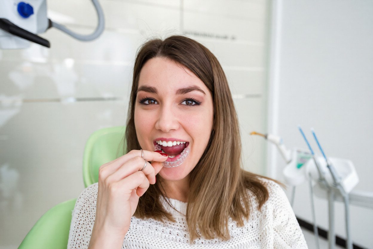 Woman putting in clear aligners for teeth straightening
